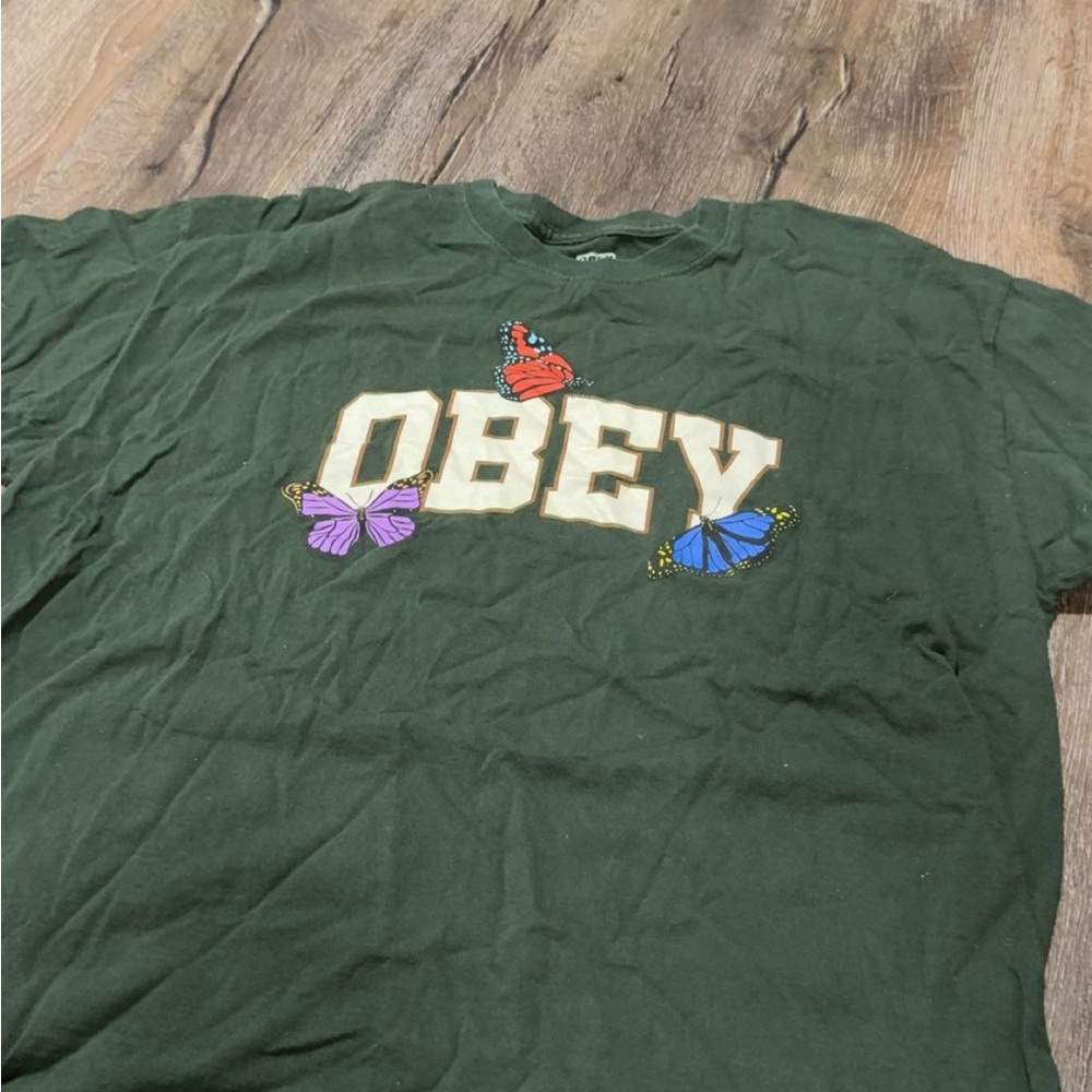 Obey Dark Green Tee with Butterfly Design